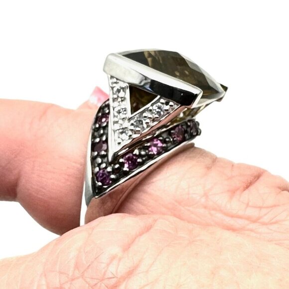 Designer Womens Ring Sterling Silver Smokey Topaz Size 6 Ornate Setting Estate - Picture 6 of 7